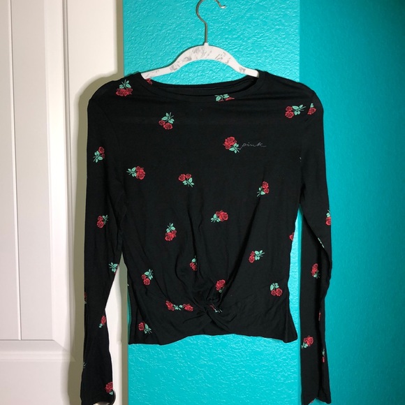 PINK Victoria's Secret Tops - Black Long Sleeve Top with Roses and Bottom Knot